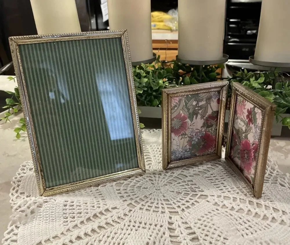 Vintage MCM Ornate Brass Gold Tone Photo Frame 3.25x4.25 Bi-Fold Double & 5x7